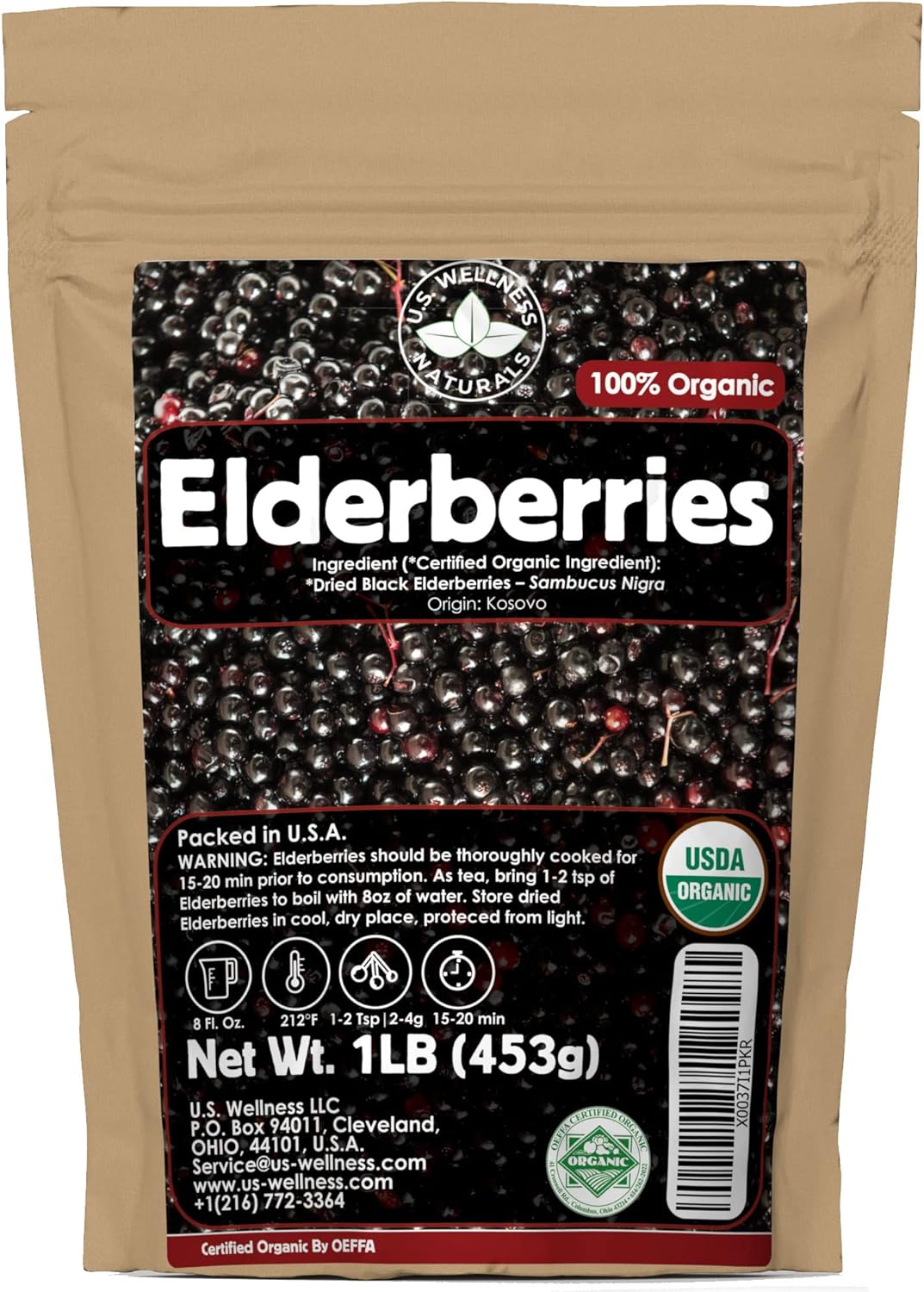 U.S. Wellness Naturals Elderberries – 1lb (Real Wild Harvest) | 100% USDA Certified Organic | Bulk Black Dried Elderberry | for Making Elder Syrup, Gummies, Tea - Raw Vegan Sambucus Nigra