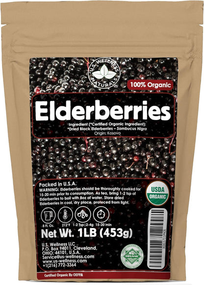 U.S. Wellness Naturals Elderberries – 1lb (Real Wild Harvest) | 100% USDA Certified Organic | Bulk Black Dried Elderberry | for Making Elder Syrup, Gummies, Tea - Raw Vegan Sambucus Nigra