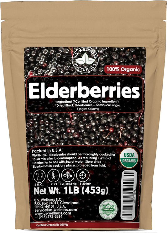 U.S. Wellness Naturals Elderberries – 1lb (Real Wild Harvest) | 100% USDA Certified Organic | Bulk Black Dried Elderberry | for Making Elder Syrup, Gummies, Tea - Raw Vegan Sambucus Nigra