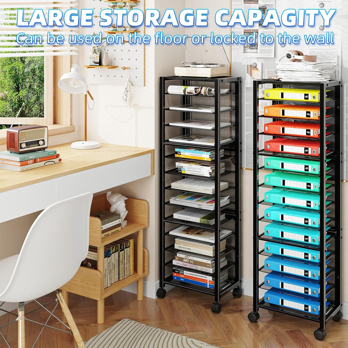 Simple Trending 12-Tier Rolling File Cart, Desk File Organizer with 11 Mesh Sliding Trays, Letter & Legal Paper Storage Rolling Utility Cart for Office Home School, Black