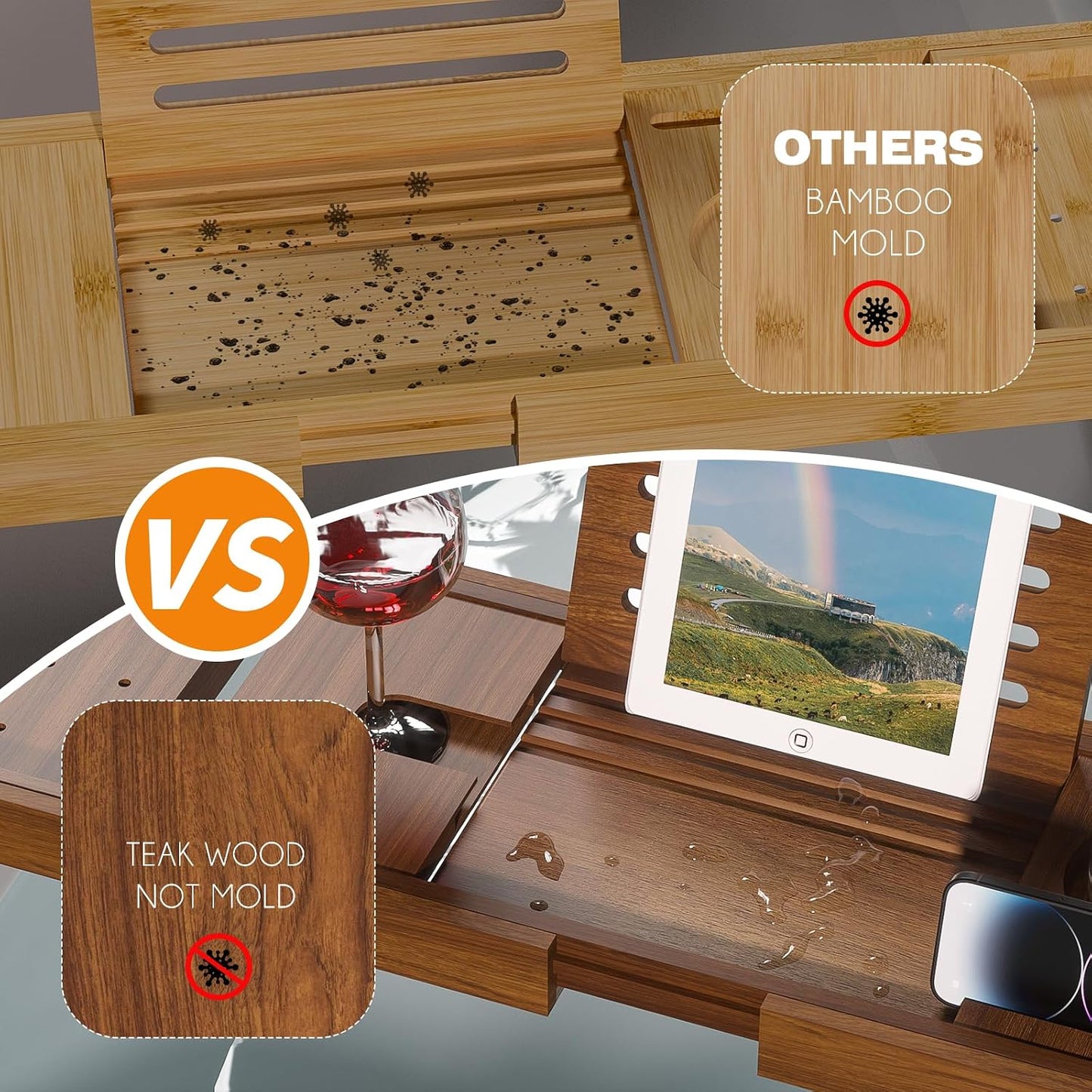 Premium Foldable Teak Bathtub Tray, Expandable Bath Tray for Tub, Luxury Bathtub & Bathroom Accessories