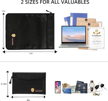 3 Pcs Fireproof Waterproof Document Bag(2000℉), Fire and Water Resistant Safe Zipper Storage Organizer Pouch for A4 A5 Documents Holder, Cash, Passport, Tablet, Laptop, File, Jewelry,(Black)