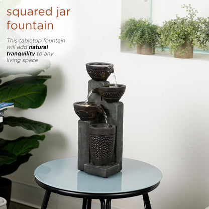 Alpine Corporatio 14" Tall Stoned Jar Cascading Water Fountain with LED Lights, Elegant Tabletop Water Feature for Home, Office, Living Room, and Bedroom Decor, Gray