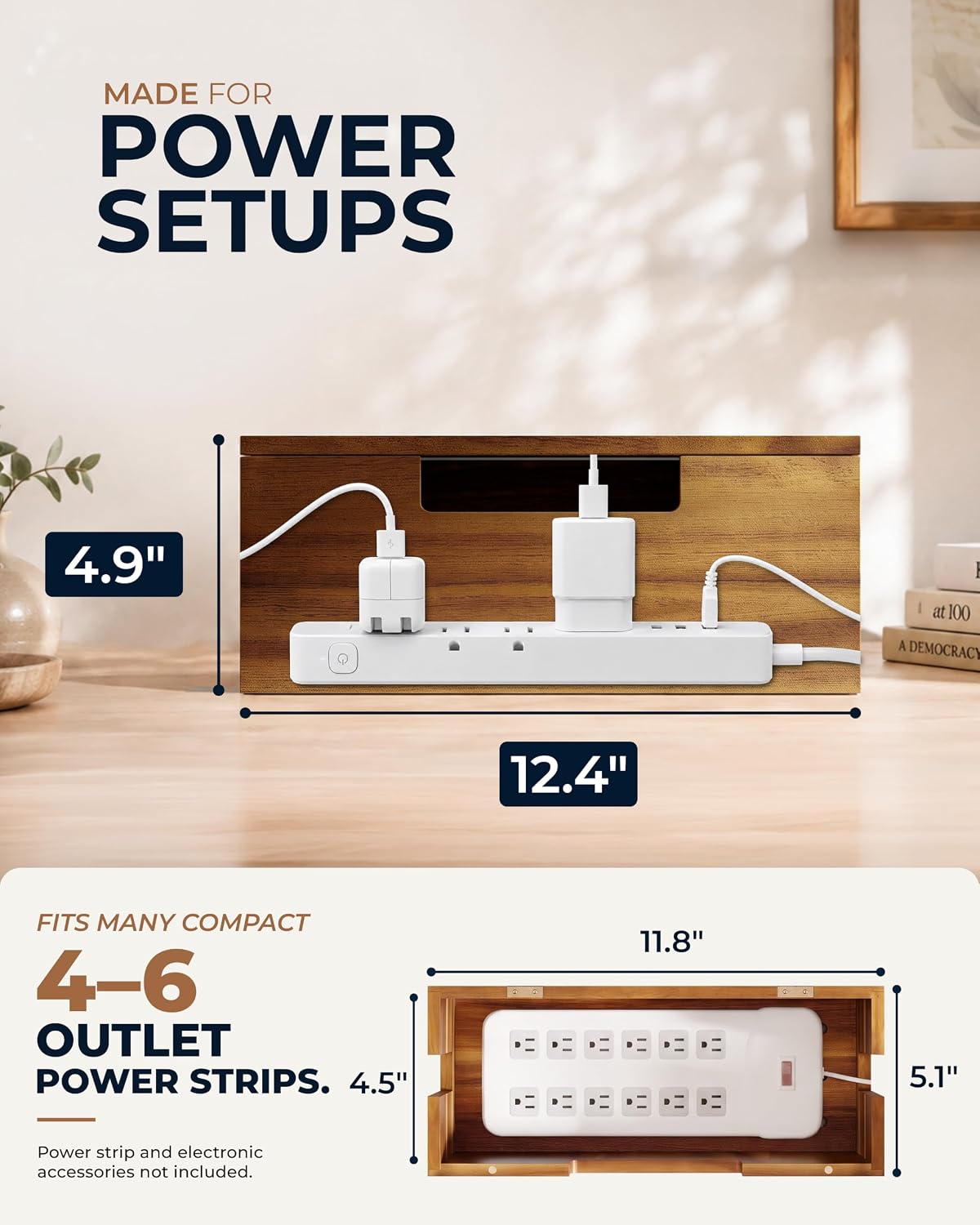INSAGO Large Acacia Wood Cable Management Box, Power Strip Cord Organizer