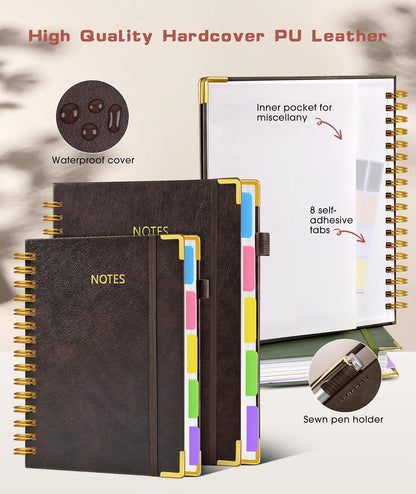 Hardcover Spiral Notebook journal with Removable Dividers Tabs, 300 Pages Leather 5 Subject Notebook College Ruled, 8"x10" Large B5 Notebooks for Work School Note taking, Lined Journal for Women,Black