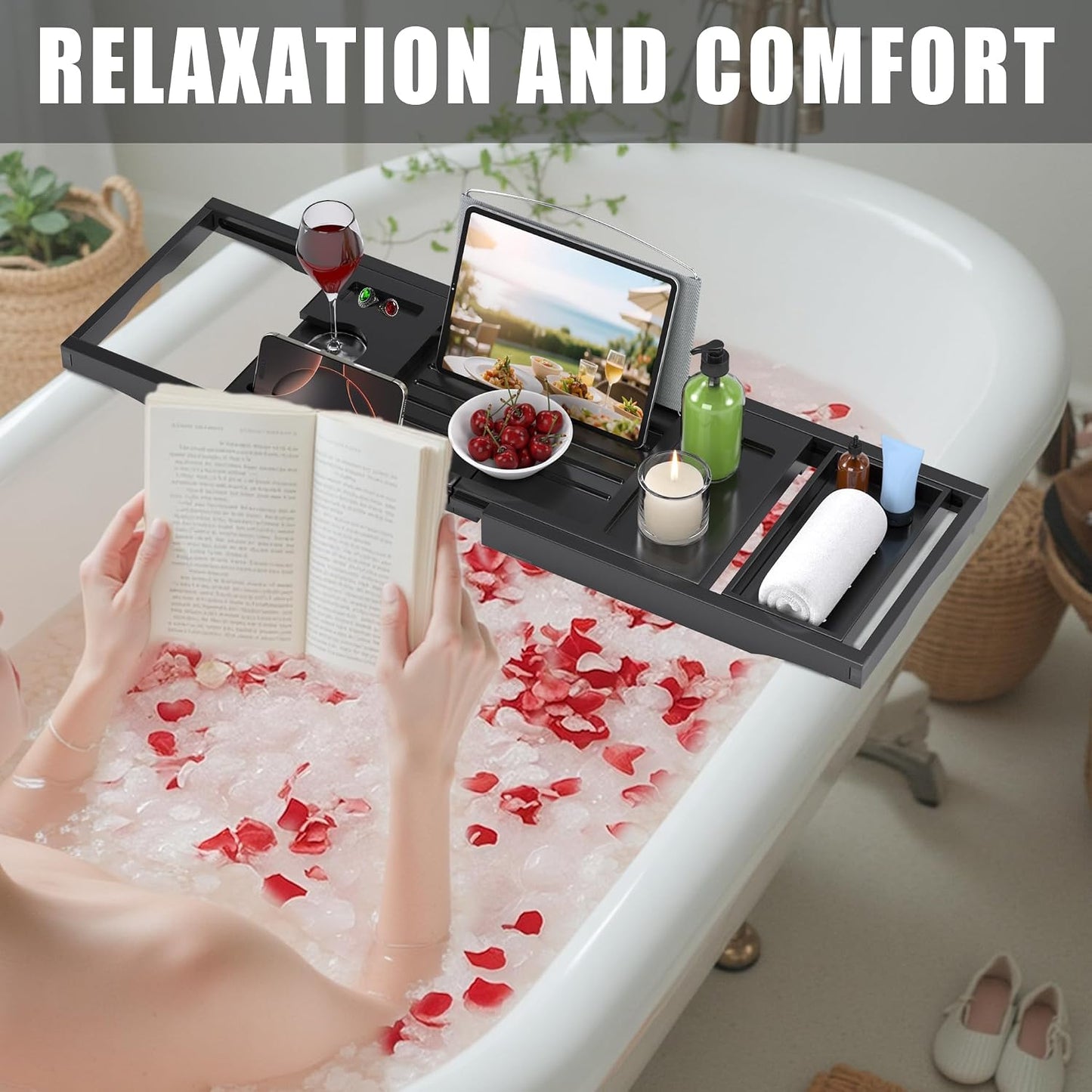 Foldable Bathtub Caddy Tray for Tub,Bamboo Expandable Bath Table Trays,Premium Bathroom Accessories for New Home & Mothers Day & Birthday Gifts for Couples,Natural
