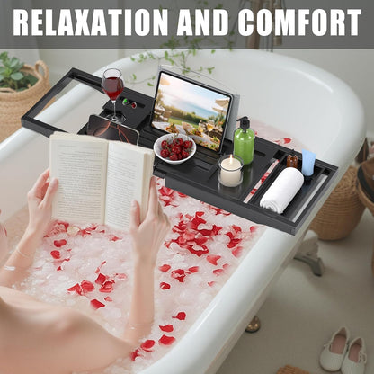 Foldable Bathtub Caddy Tray for Tub,Bamboo Expandable Bath Table Trays,Premium Bathroom Accessories for New Home & Mothers Day & Birthday Gifts for Couples,Natural