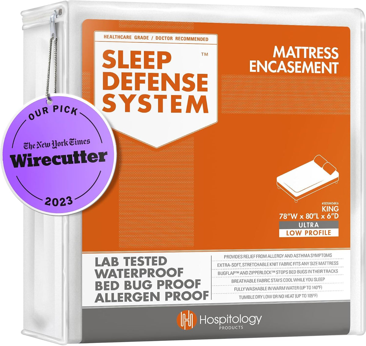 HOSPITOLOGY PRODUCTS Mattress Encasement - Zippered Bed Bug Dust Mite Proof Hypoallergenic - Sleep Defense System - King - Waterproof - Stretchable - Standard 12" Depth - 78" W x 80" L
