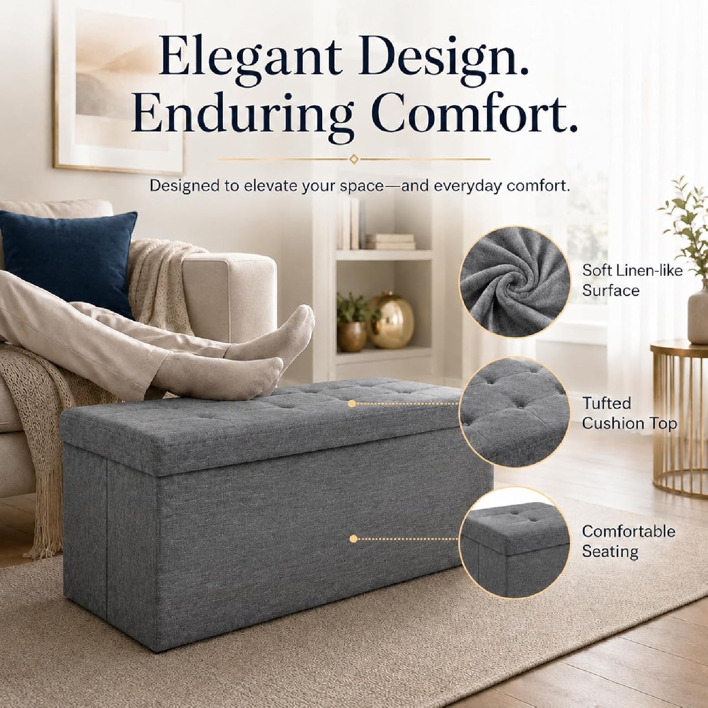 ALASDO Storage Ottoman Footrest Stool Small Ottoman with Storage Foldable Ottomans Foot Rest Footstool Bench for Living Room 17x13x13inches Grey