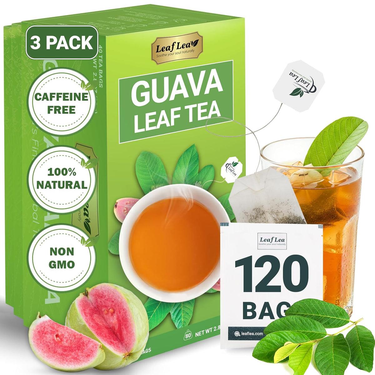 LeafLea Guava Leaf Tea Bags, Guava Leaves Tea, Caffeine-Free, 120 Count