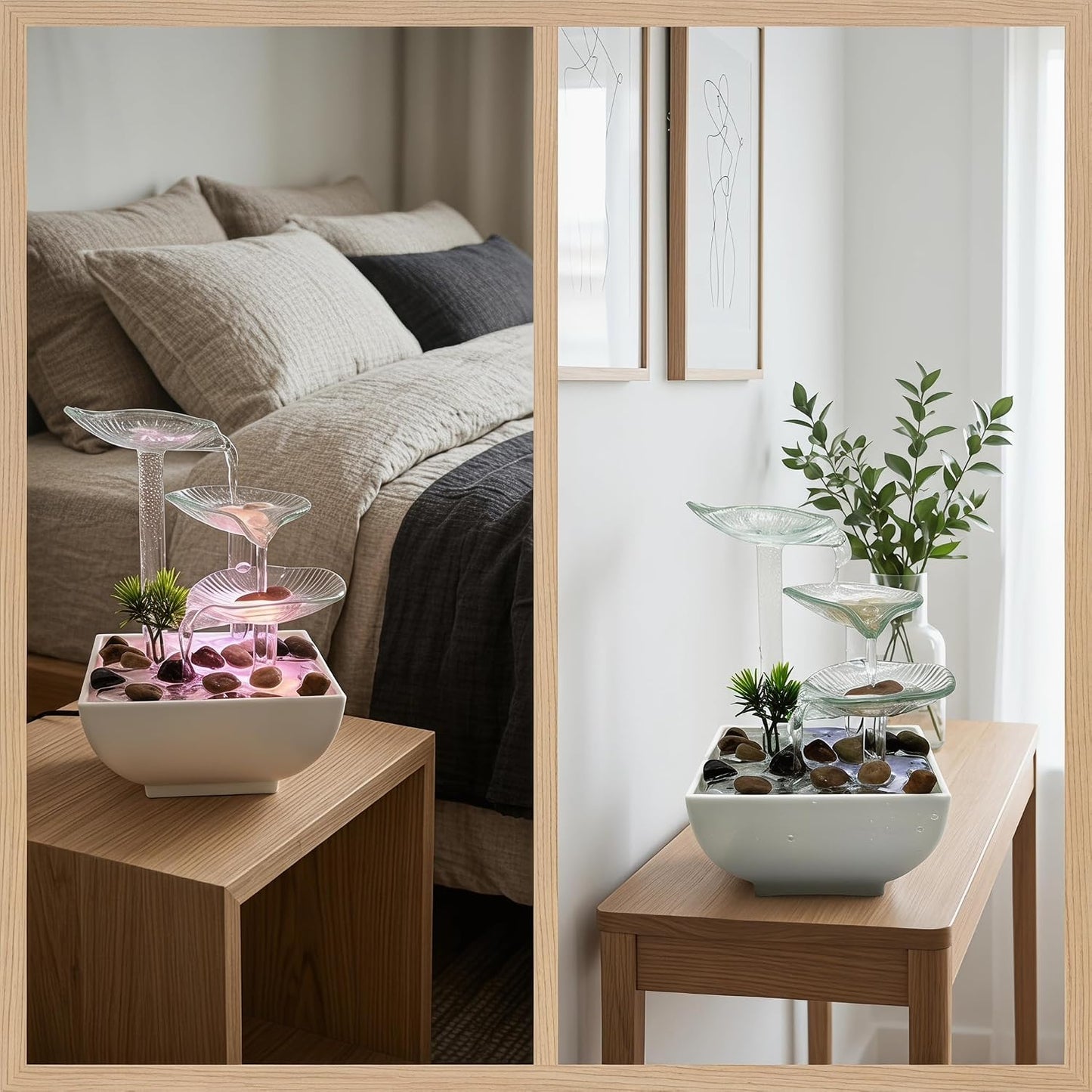 Tabletop Fountain,Indoor Water Fountain,Home Fengshui Décor Zen Relaxation Soothing Sound Machine for Office,Living Room,or Bedroom,Green Lotus,Hummingbird & Pink Flower