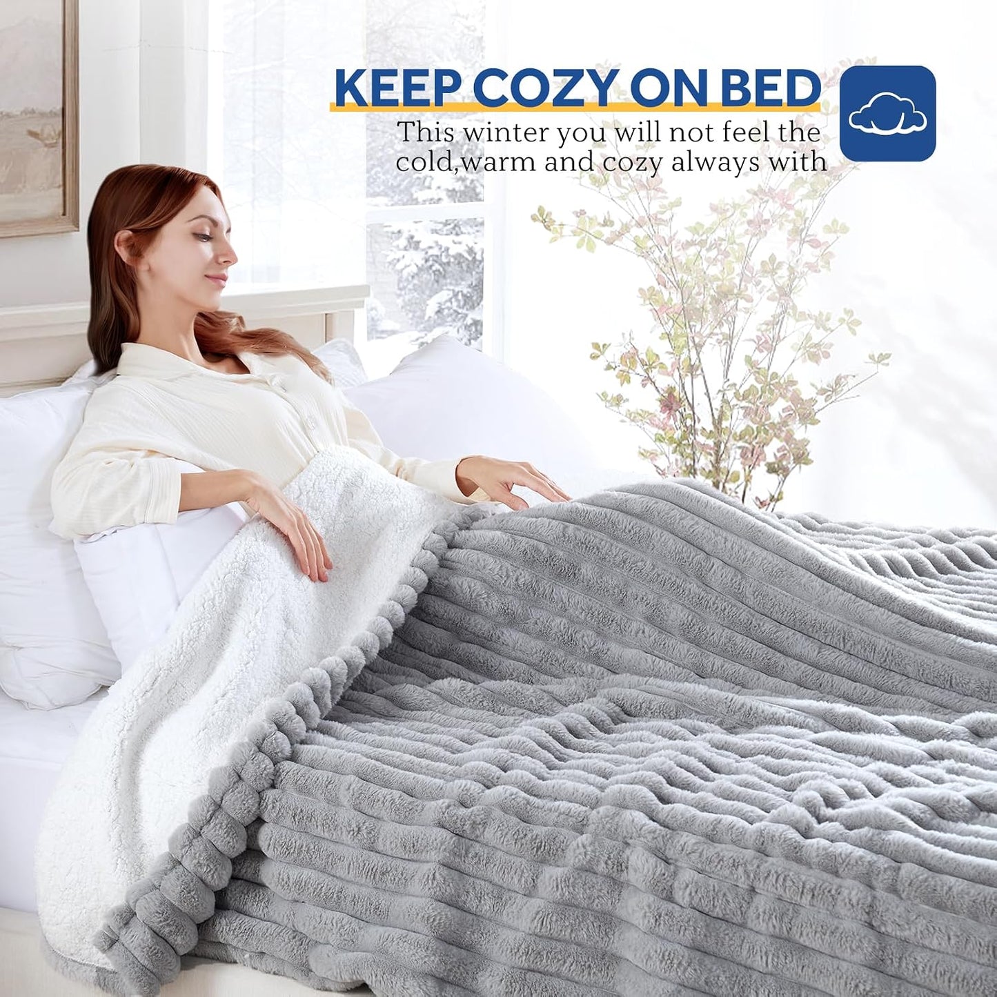Sealy Electric Blanket Throw Size 50"*60",Super Cozy Faux Fur to Sherpa Reversible Heated Blanket Throw with 6 Heating Levels & 2-10 Hours Auto Off Overheating Protection Machine Washable,Blue White