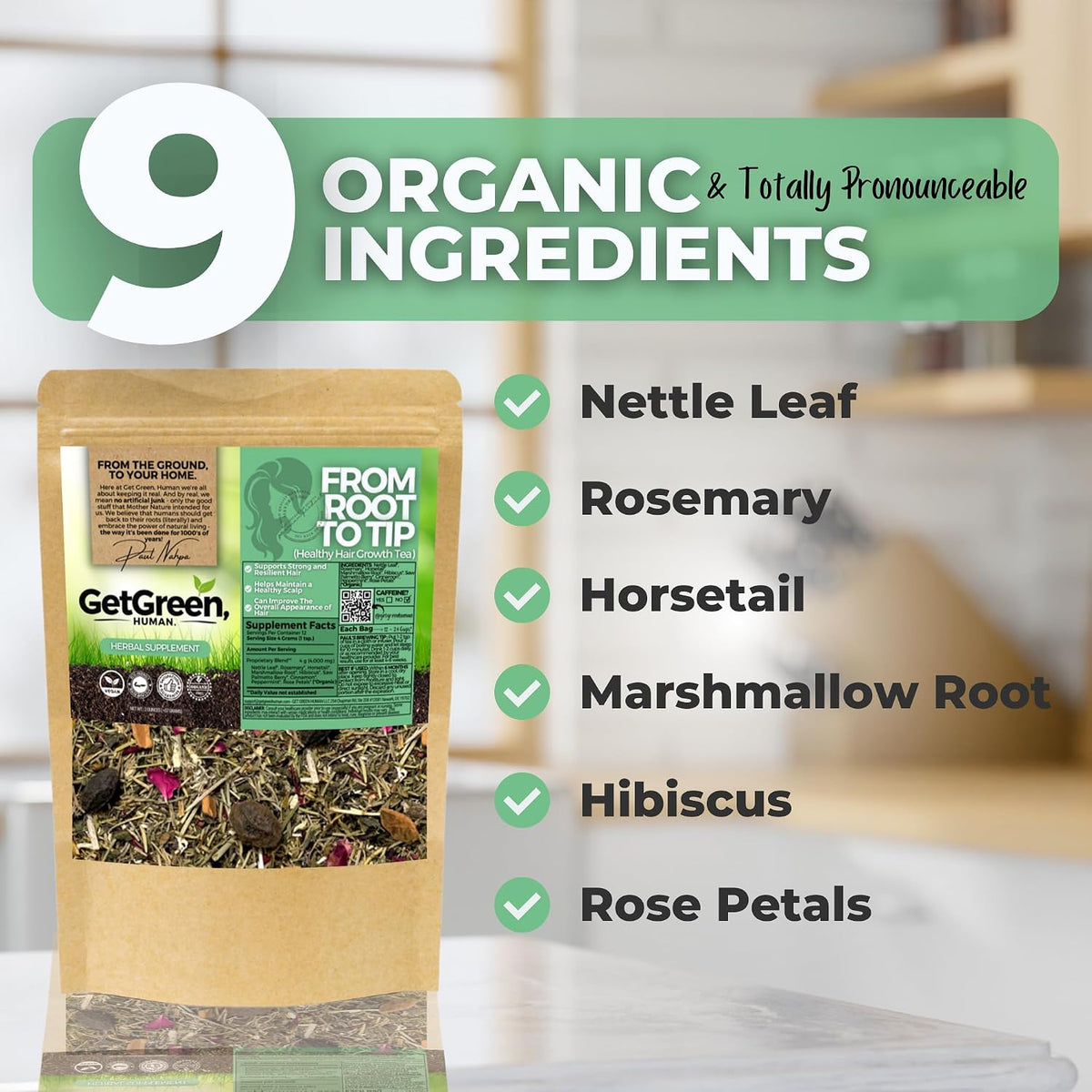 Healthy Hair Growth Loose Leaves Tea w/ Horsetail, Nettle Leaf, Rosemary For Strong Resilient Hair & Scalp | Organic Herbal Tea | 2 oz (57 gram) | Decaf, Vegan, Healthy, No Caffeine, Herbs, ZERO