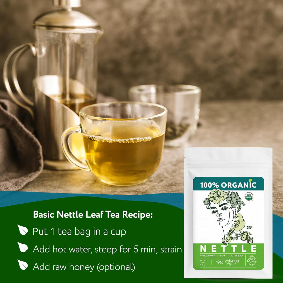 Stinging Nettle Tea Organic (40 Bleach-Free & Microplastic-Free TeaBags) - Te de Ortiga Organico Natural