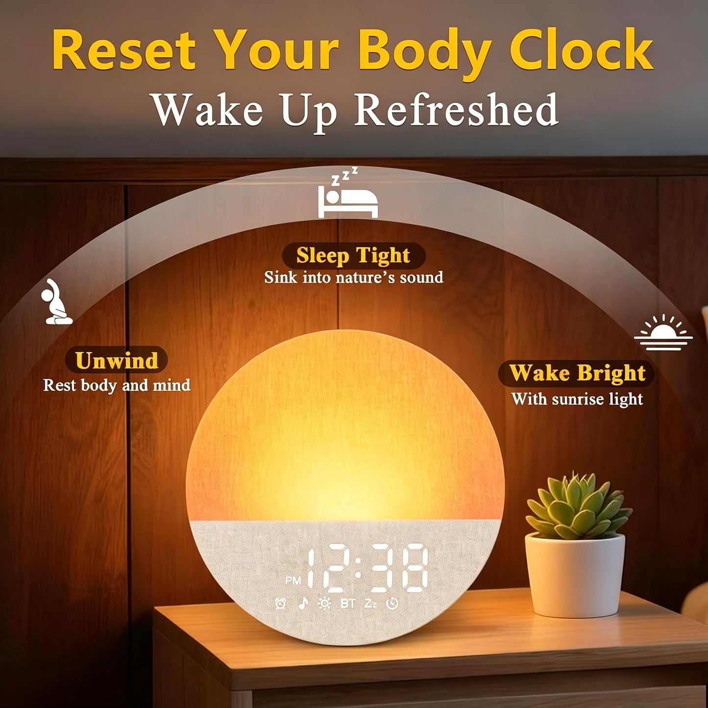 Sunrise Alarm Clock with Sounds Machine:Gentle Gradual Wake Up Light for Heavy Sleepers Relieve Anxiety Dimmable Clock with Bluetooth Memory for Bedroom - White Noise Machine with 30 Sleep Sounds