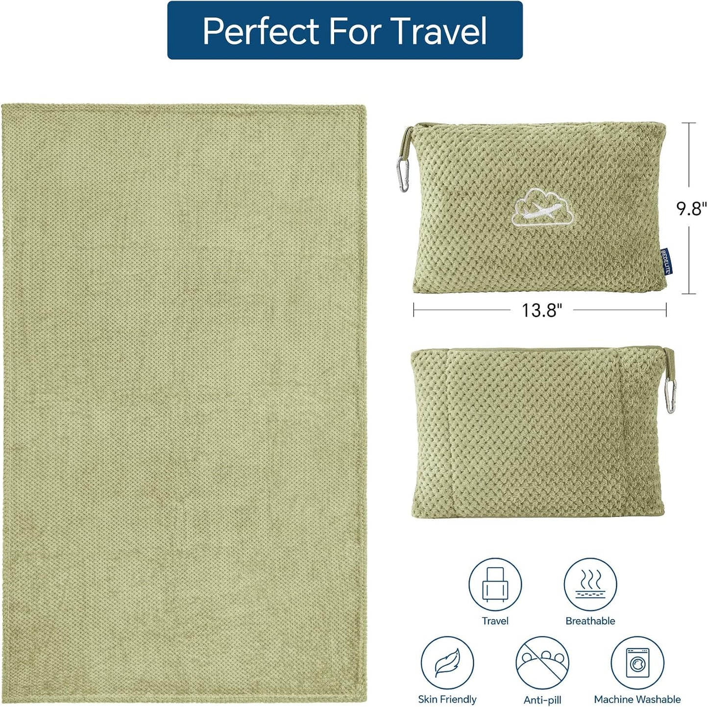 BEDELITE Travel Blanket with Bag, Ultra-Soft Jacquard Fleece Blanket with Luggage Sleeve & Backpack Clip, Airplane Blanket Travel Essentials, Blue
