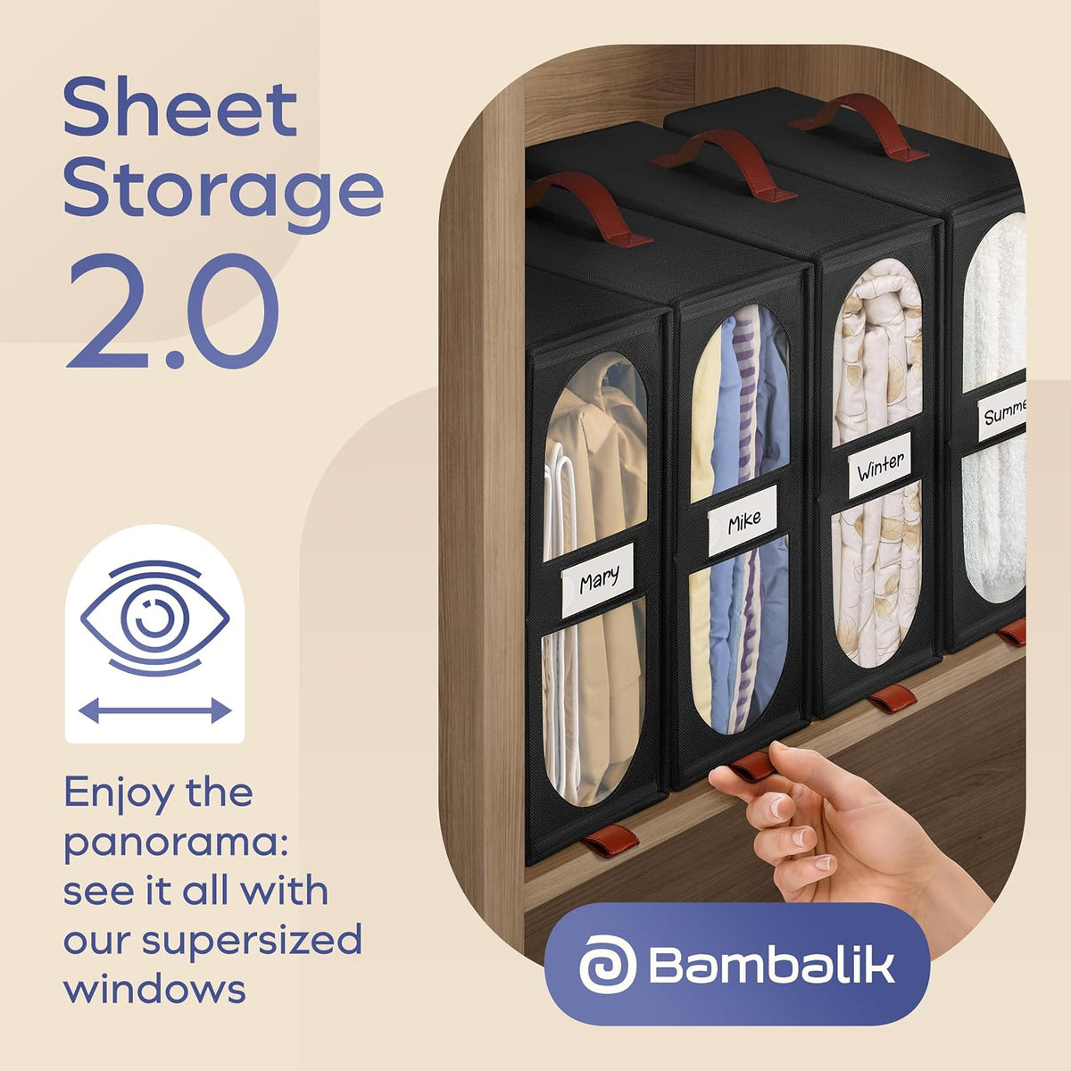 4x Bed Sheet Organizer Storage Boxes with Big See-Through Windows - Bedsheet Organizers Redesigned. Robust Bed Sheet Storage -15x13x5 in. Sheet Organizers Containers (Off-White)