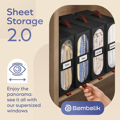 4x Bed Sheet Organizer Storage Boxes with Big See-Through Windows - Bedsheet Organizers Redesigned. Robust Bed Sheet Storage -15x13x5 in. Sheet Organizers Containers (Off-White)