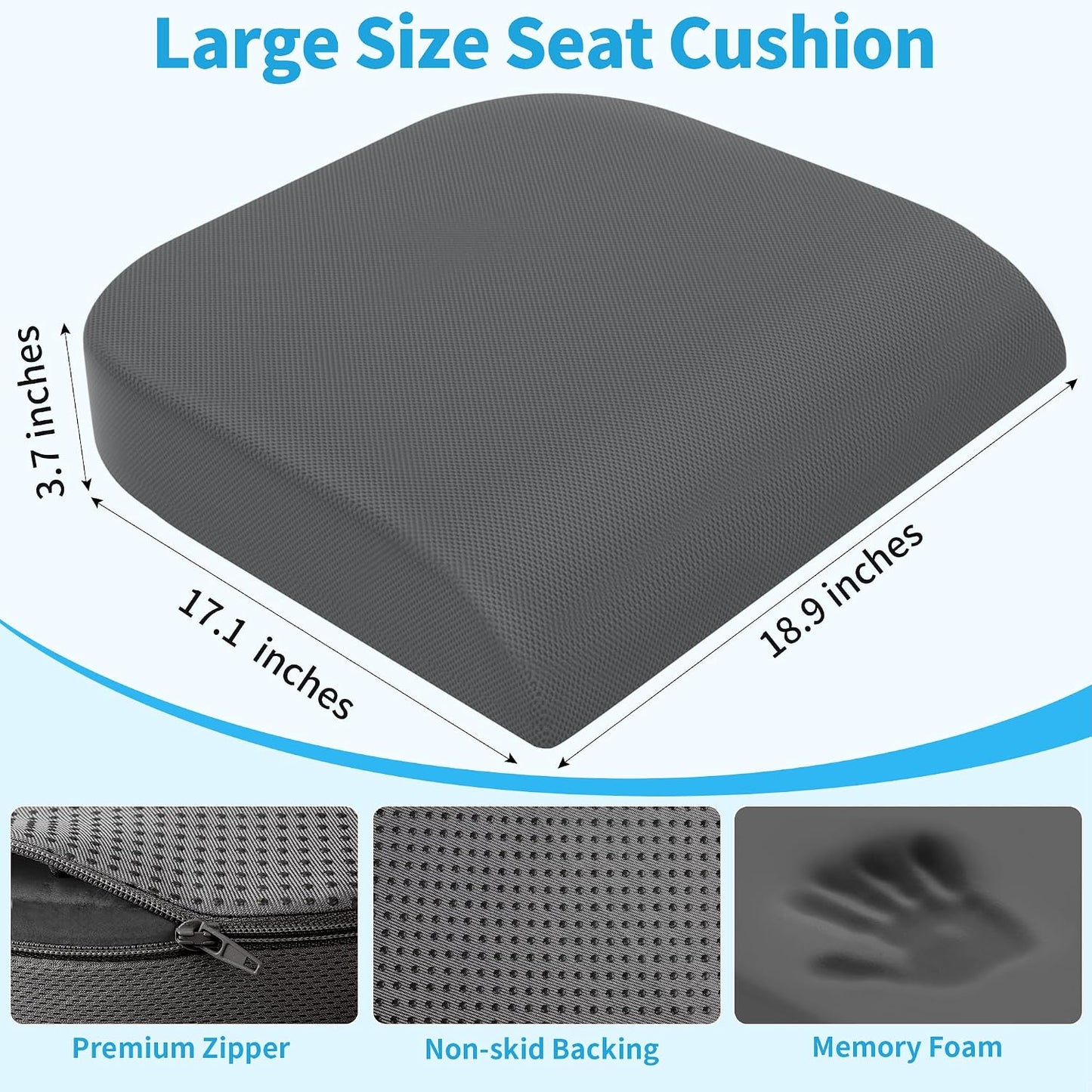 TranquilRelax Large Seat Cushion, Memory Foam Cushion for Long Sitting Hours on Office Chair, Car Seat, Non-Slip Chair Pad for Sciatica, Coccyx, Tailbone Pain Relief & Post-Surgery Recovery (Black)