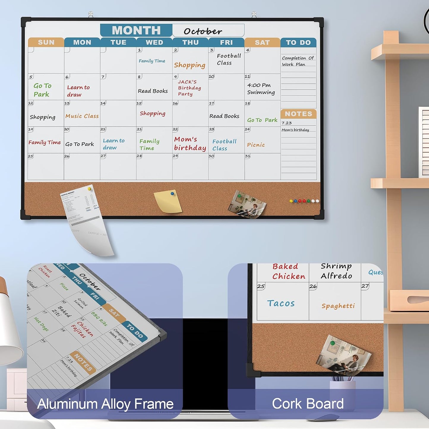 Monthly Calendar Dry Erase Board 16x12 Inch, Double-Sided Whiteboard and Corkboard Combo, Wall Mounted Planner Organizer with Markers, Magnets, Push Pins, Eraser, for Home Office School