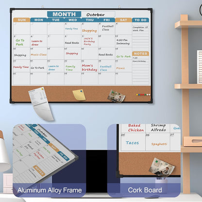 Monthly Calendar Dry Erase Board 16x12 Inch, Double-Sided Whiteboard and Corkboard Combo, Wall Mounted Planner Organizer with Markers, Magnets, Push Pins, Eraser, for Home Office School
