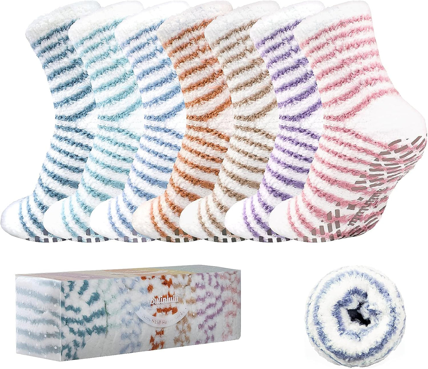 Bulinlulu Fuzzy Socks with Grips Plush Sleep Cozy Winter Soft Hospital Fluffy Socks for Womens Mens Gifts