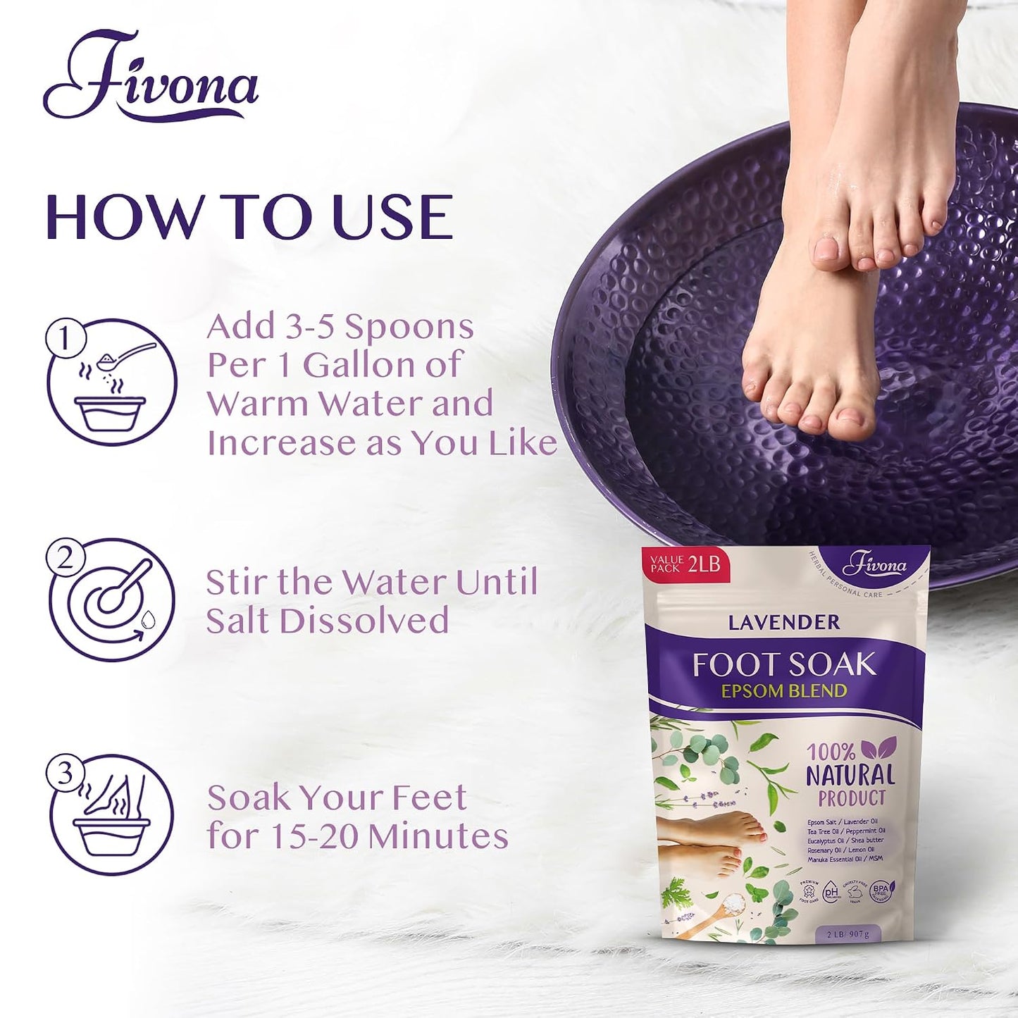 Fivona Tea Tree Foot Soak Blend 14.1 oz - Epsom Salt with Essential Oils for Healthy Toenails, Soothing Relief, Callus Softening - Pedicure Therapy for Soft, Rejuvenated Feet