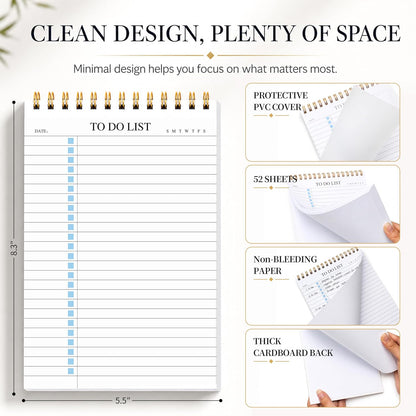 To Do List Notepad 3 Pack, Undated Daily Planner Notepad With To Do List Notebook Checklist Planner Spiral Waterproof Notepad for Office Supplies, School Planner, 52 Sheets/Pack, 5.5"*8.3" A5 Size