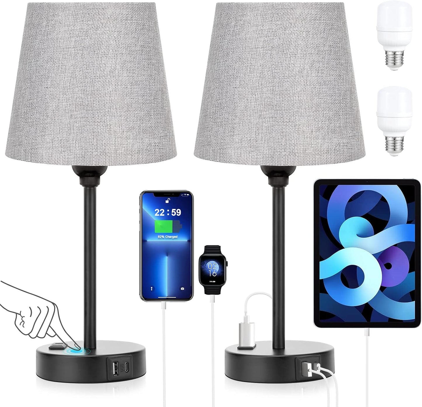 Mini Bedside Lamps for Bedrooms Set of 2 - Nightstand Bedroom Lamps with USB C Port and AC Outlet Charging, Dimmable Touch Small Bed Side Table Lamp, Black Night Stand Light for Kids/Guest Room