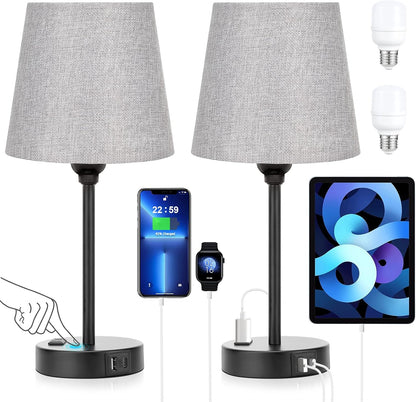 Mini Bedside Lamps for Bedrooms Set of 2 - Nightstand Bedroom Lamps with USB C Port and AC Outlet Charging, Dimmable Touch Small Bed Side Table Lamp, Black Night Stand Light for Kids/Guest Room