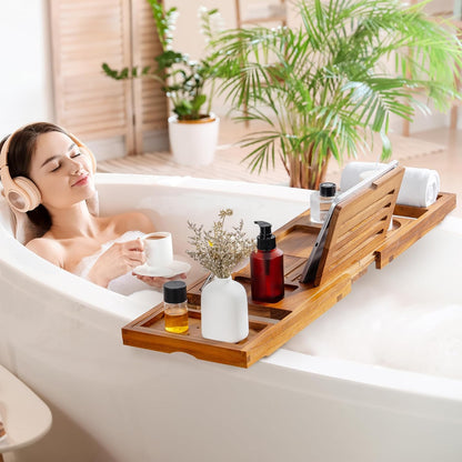 Teak Bathtub Tray - Luxury Bath Tray with Expandable Handles, Wine Glass and Phone Holders, Book Stand - Perfect for Home Spa Relaxation and Reading - Natural Bath Accessories - Dark Walnut Color