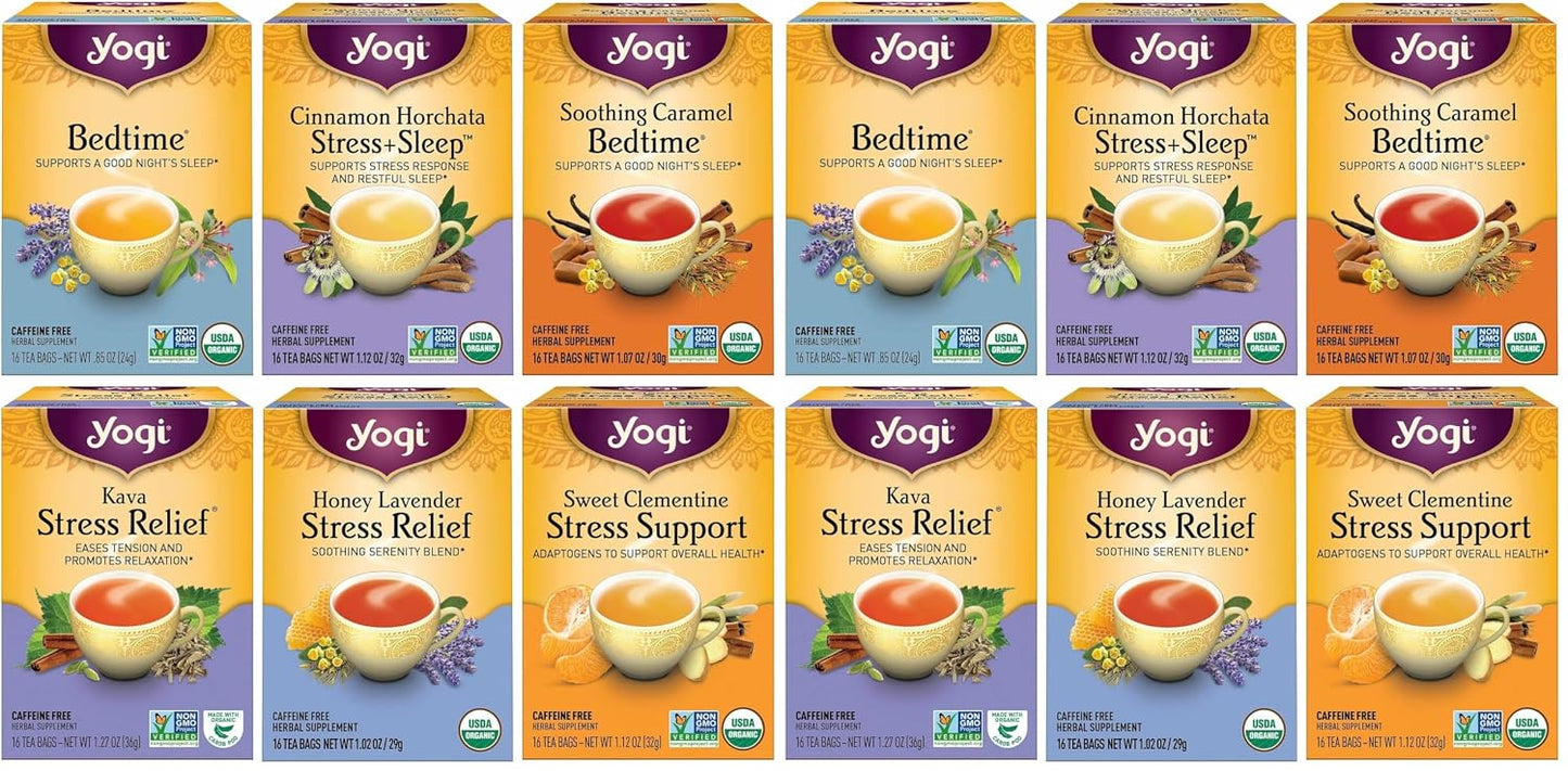 Yogi Tea Stress Relief & Herbal Tea Variety Pack - 16 Bags per Pack (6 Packs) - Organic Herbal Sampler - Includes Bedtime, Kava Stress Relief, Soothing Caramel Bedtime & More