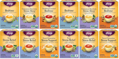 Yogi Tea Stress Relief & Herbal Tea Variety Pack - 16 Bags per Pack (6 Packs) - Organic Herbal Sampler - Includes Bedtime, Kava Stress Relief, Soothing Caramel Bedtime & More