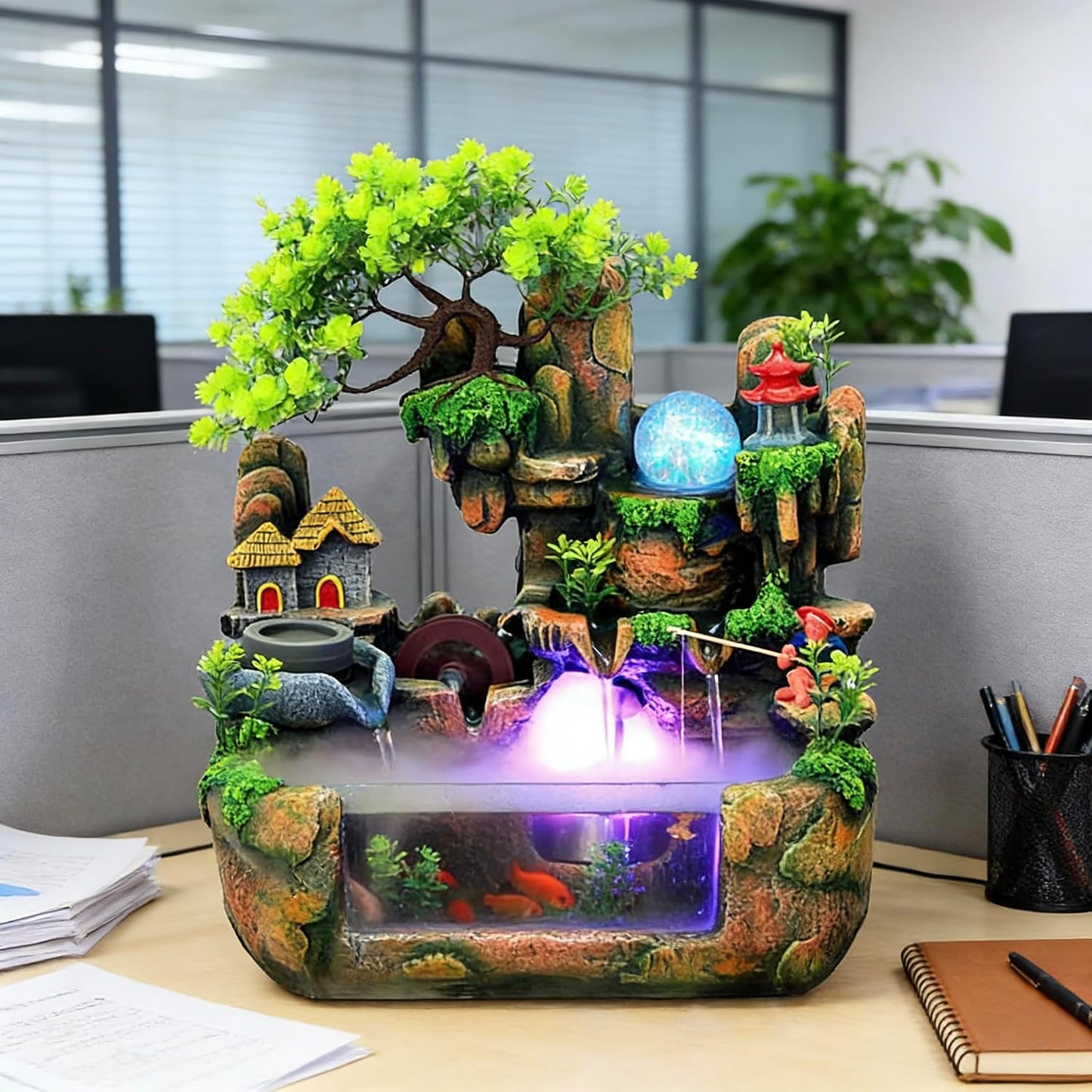 Mini Artificial Bonsai Tree Waterfall Fog Feature Rock Tabletop Fountain | 11in Desktop Decor Waterfall Fountain W/ Water Pump& Atomizer&LED Lights &Fake Tree Office Bedroom Relax