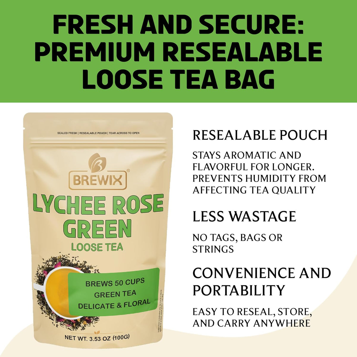 BREWIX, Lychee Rose Green Tea Loose Leaf (50+ Cups, 3.53oz/100g) Gluten Free I High Elevation Grown Green Tea Leaves with Apple, Lychee and Rose | Pure Sourced Direct from India