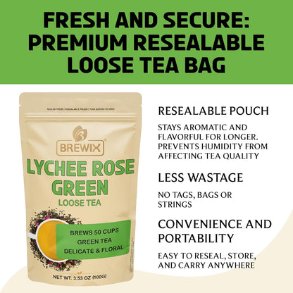 BREWIX, Lychee Rose Green Tea Loose Leaf (50+ Cups, 3.53oz/100g) Gluten Free I High Elevation Grown Green Tea Leaves with Apple, Lychee and Rose | Pure Sourced Direct from India