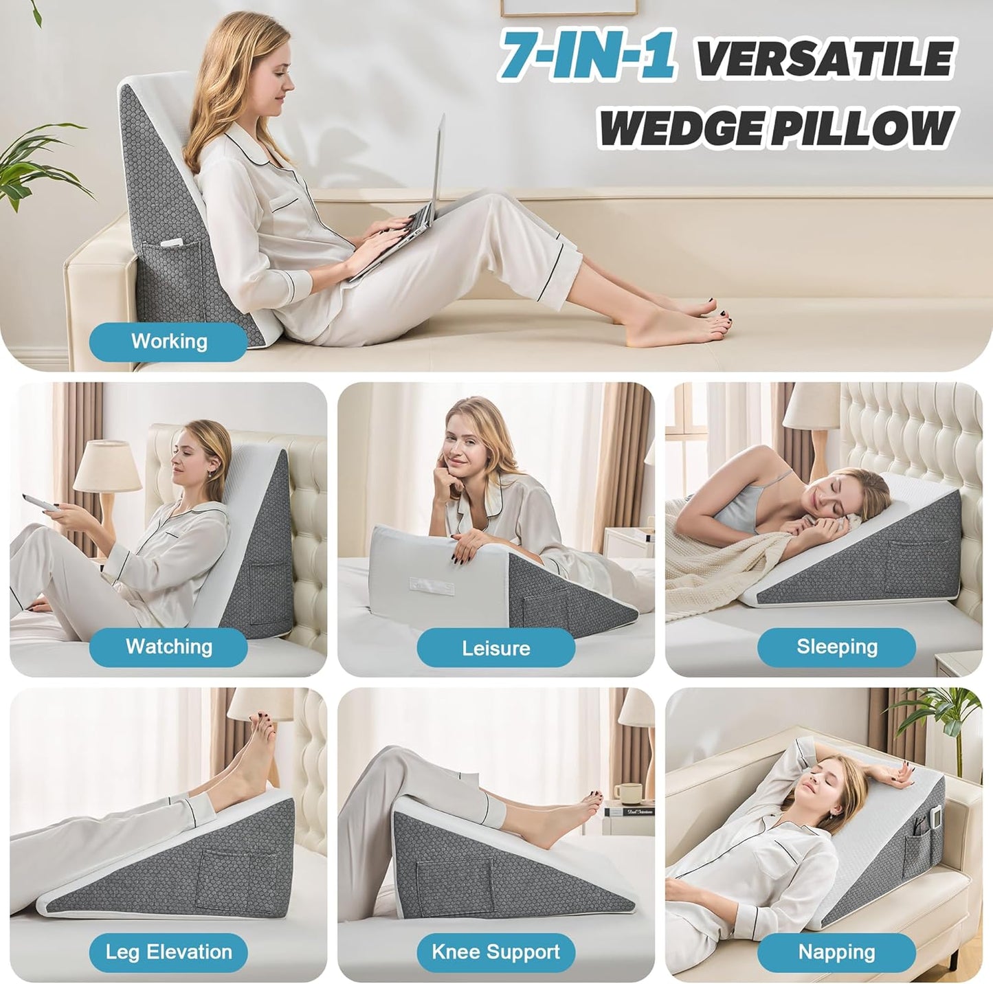 Yojoker Wedge Pillow for Sleeping - 12 Inch Bed Wedge for Headboard Triangle Pillow, Memory Foam Wedges for Acid Reflux, GERD, Snoring, Post Surgery Back Pain Relief, Leg Elevation, Washable Cover