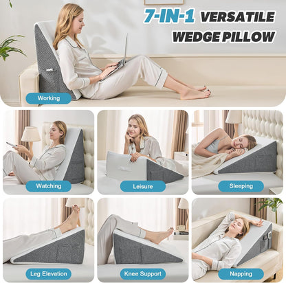 Yojoker Wedge Pillow for Sleeping - 12 Inch Bed Wedge for Headboard Triangle Pillow, Memory Foam Wedges for Acid Reflux, GERD, Snoring, Post Surgery Back Pain Relief, Leg Elevation, Washable Cover