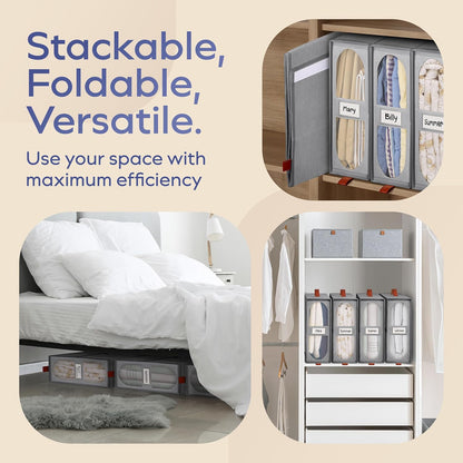 4x Bed Sheet Organizer Storage Boxes with Big See-Through Windows - Bedsheet Organizers Redesigned. Robust Bed Sheet Storage -15x13x5 in. Sheet Organizers Containers (Off-White)