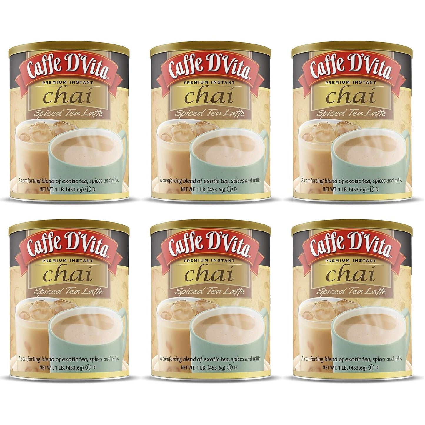 Caffe D’Vita Spiced Chai Latte Mix - Chai Tea Latte Powder Mix, Gluten Free, Chai Tea Powder, No Cholesterol, No Hydrogenated Oils, No Trans Fat, Spiced Chai Latte Powder Mix - 1 Lb Can, 6-Pack