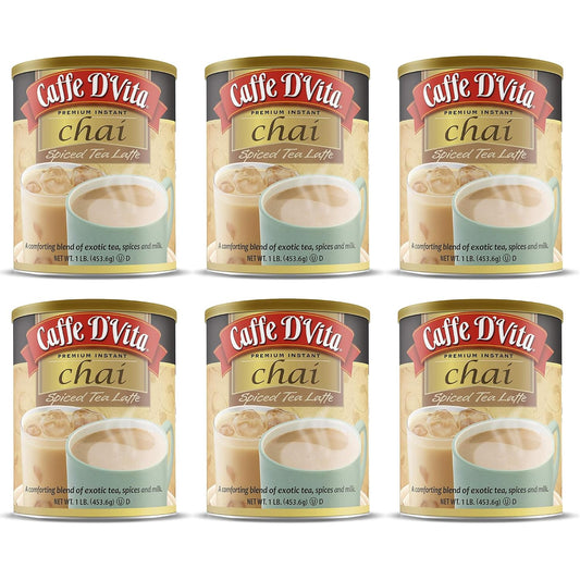 Caffe D’Vita Spiced Chai Latte Mix - Chai Tea Latte Powder Mix, Gluten Free, Chai Tea Powder, No Cholesterol, No Hydrogenated Oils, No Trans Fat, Spiced Chai Latte Powder Mix - 1 Lb Can, 6-Pack