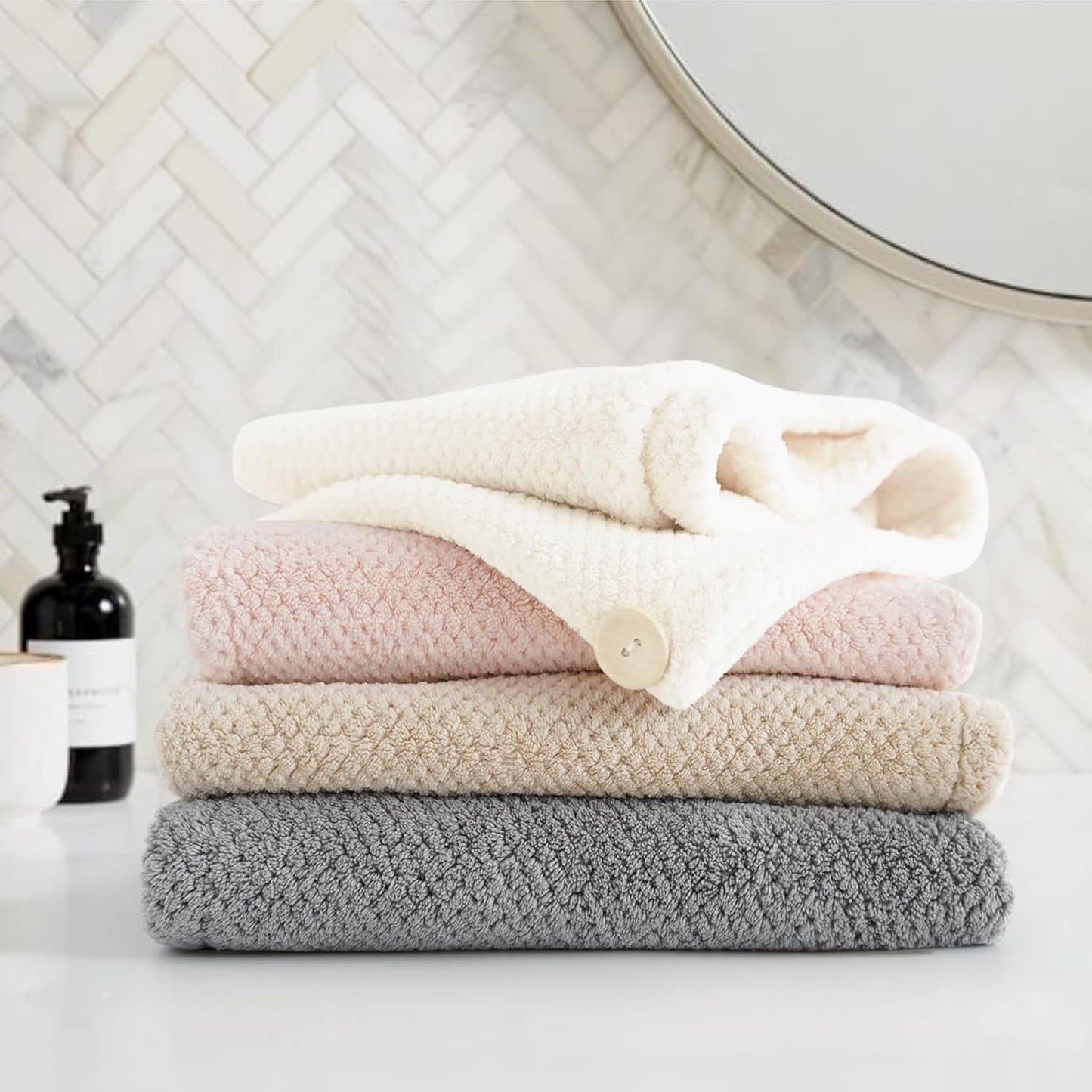 ROLSHOL Extra Large 4 Pack Microfiber Hair Towel Wrap for Women Super Absorbent & Quick Dry Hair Drying Towels with Button, Hair Turbans for Curly Hair Long & Short Hair - Anti-Frizz