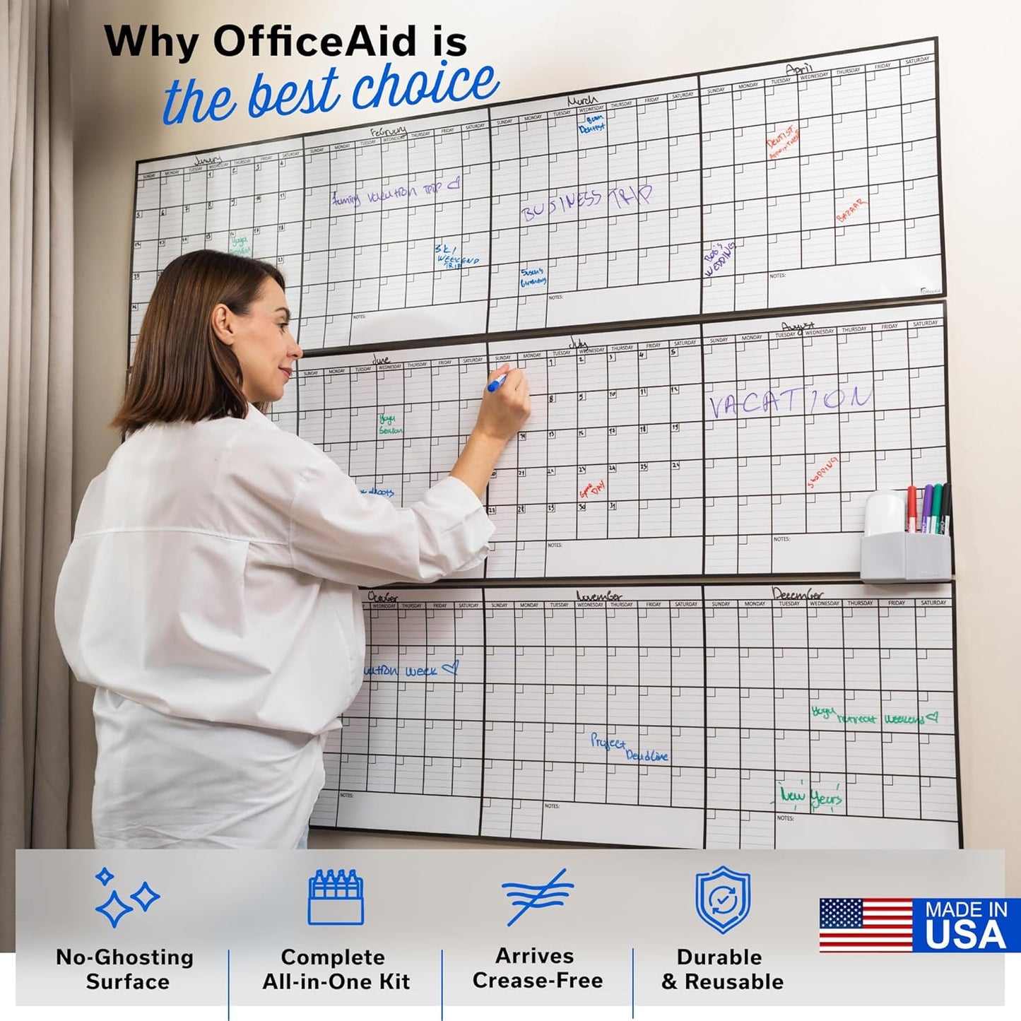 Large Dry Erase Calendar for Wall 36x48, Big Classroom Giant Month, Undated Reusable Family Monthly, Rolled Whiteboard White Board, Calendar Dry Erase Planner for Wall Erasable Large Office 48x36