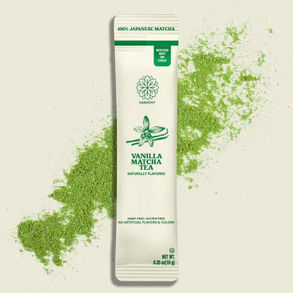 The Harmony Matcha Vanilla (10 Sticks) Premium Sweetened Japanese Matcha Powder, Rich in Antioxidants & L-Theanine, Dairy, Gluten, & Preservative Free, Serve Hot or Iced