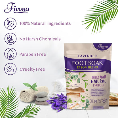 Fivona Tea Tree Foot Soak Blend 14.1 oz - Epsom Salt with Essential Oils for Healthy Toenails, Soothing Relief, Callus Softening - Pedicure Therapy for Soft, Rejuvenated Feet