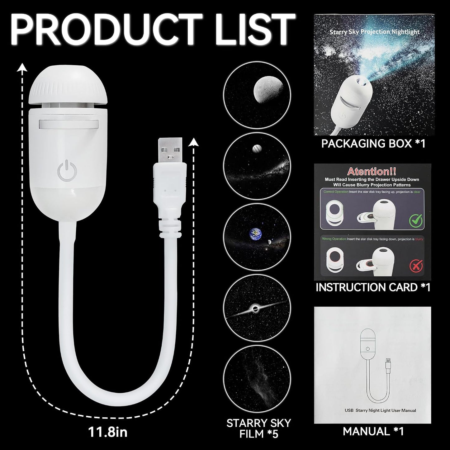 2-in-1 Galaxy Projector Night Light with 5 Projection Films for Bedroom | Adjustable Brightness & Focus, 360° Rotating Design, USB Starry Sky Night Light Projector for Bedroom Car Ceiling Decor
