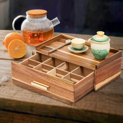Tea Bag Organizer, Acacia Wood Tea Organizers and Storage Box, Tea Bag Holder Station Caddy Container for Countertop, Tea Accessories Gift Box with Drawer
