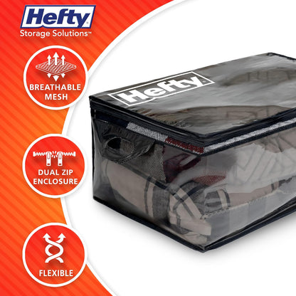 Hefty Storage Bags Extra Large Double Zipper Backpack, Heavy Duty Water Resistant Moving Totes with Shoulder Straps, Foldable Reusable Packing Organizers, (X-Large Black)