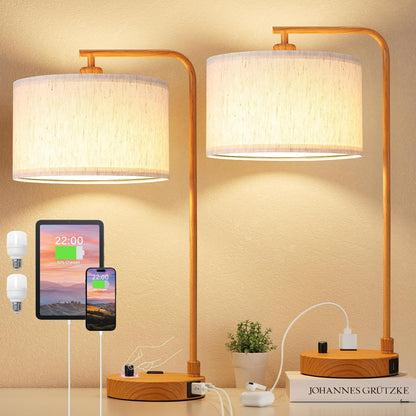 Innqoo Bedside Table Lamps for Bedroom Set of 2-Dimmable Nightstand Lamps with USB Port and Outlet,Modern Gold Lamps with Linen Shade,Tall Desk Lamps for Home Office Bedroom Living Room End Table