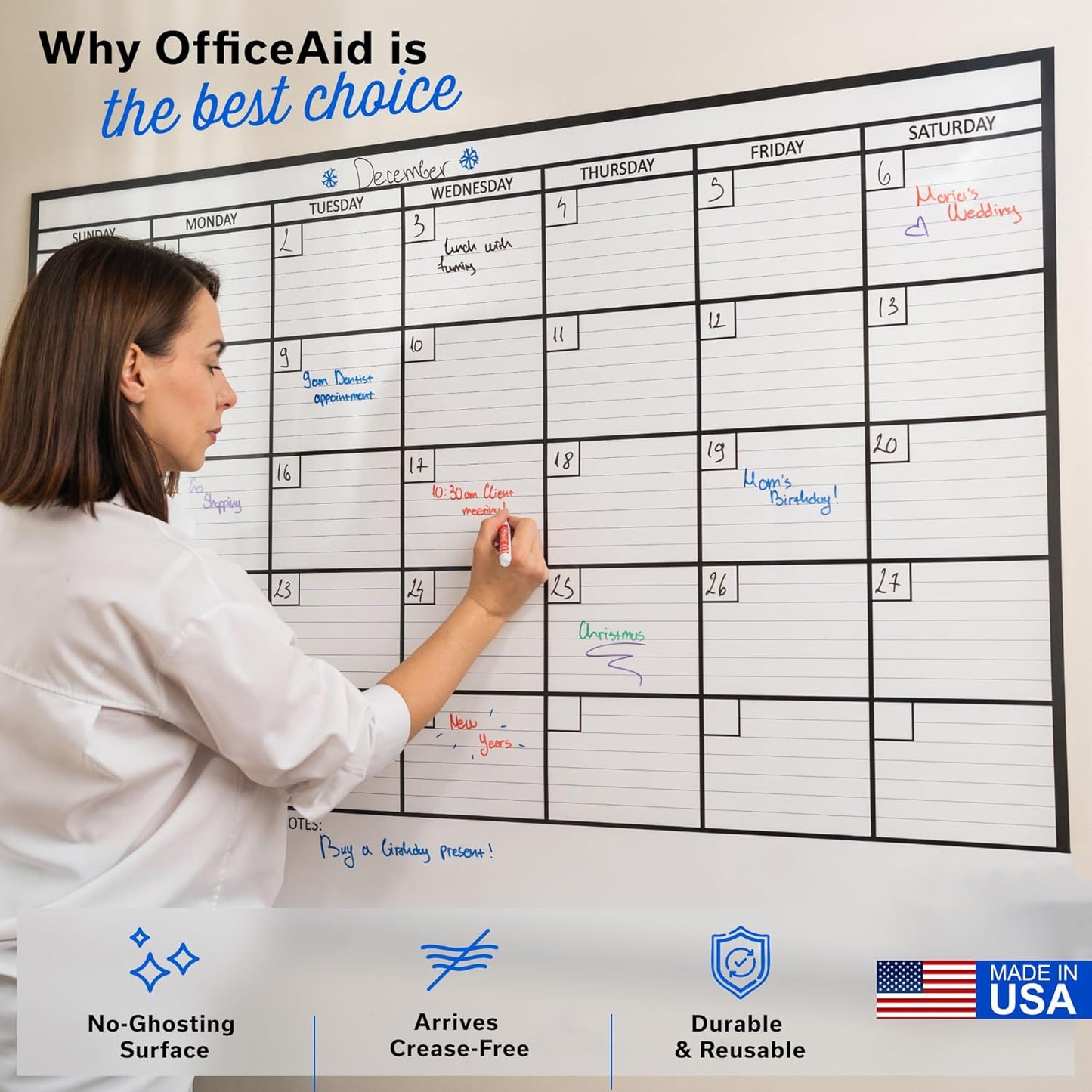 Large Dry Erase Calendar for Wall 36x48, Big Classroom Giant Month, Undated Reusable Family Monthly, Rolled Whiteboard White Board, Calendar Dry Erase Planner for Wall Erasable Large Office 48x36